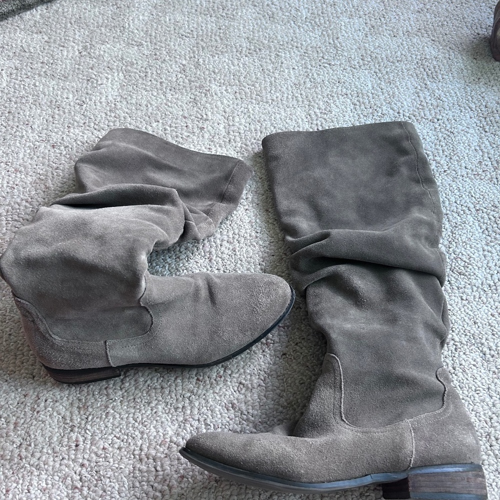 Taupe knee high suede boots